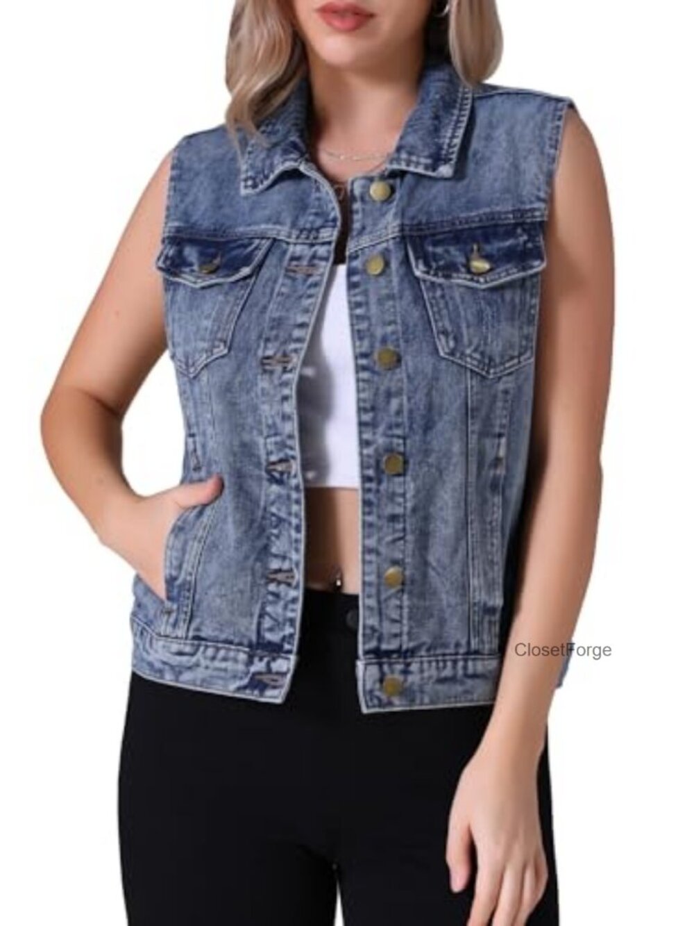 Sleeveless Denim Vest - Button Down Wash Distressed Jean Jacket with Flap